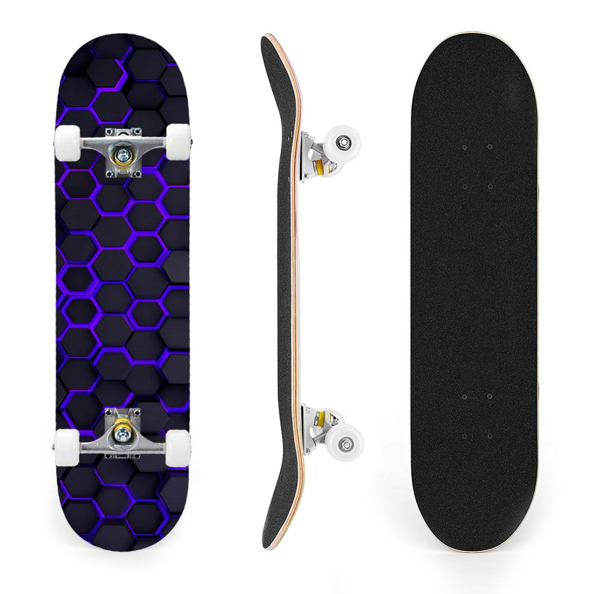 31"x8" Complete Skateboards for Beginners,Geometric Hexagon Glowing Neon Blue Purple Double Kick 7 Ply Canadian Maple Deck Skateboard with Wheels, Gifts for Kids Teens