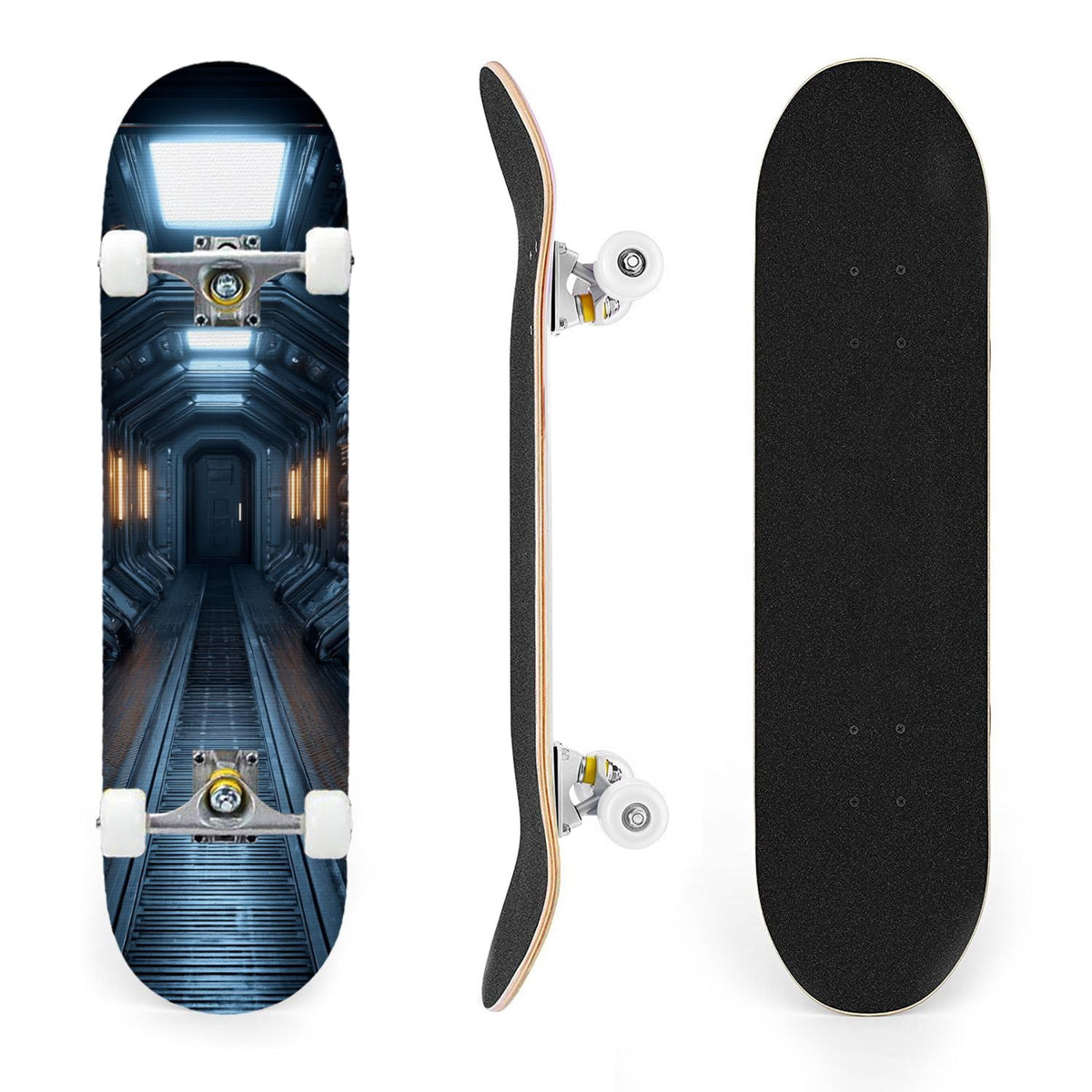 31"x8" Complete Skateboards for Beginners,Black Hexagon Honeycomb Glowing Blue Accents Double Kick 7 Ply Canadian Maple Deck Skateboard with Wheels, Gifts for Kids Teens