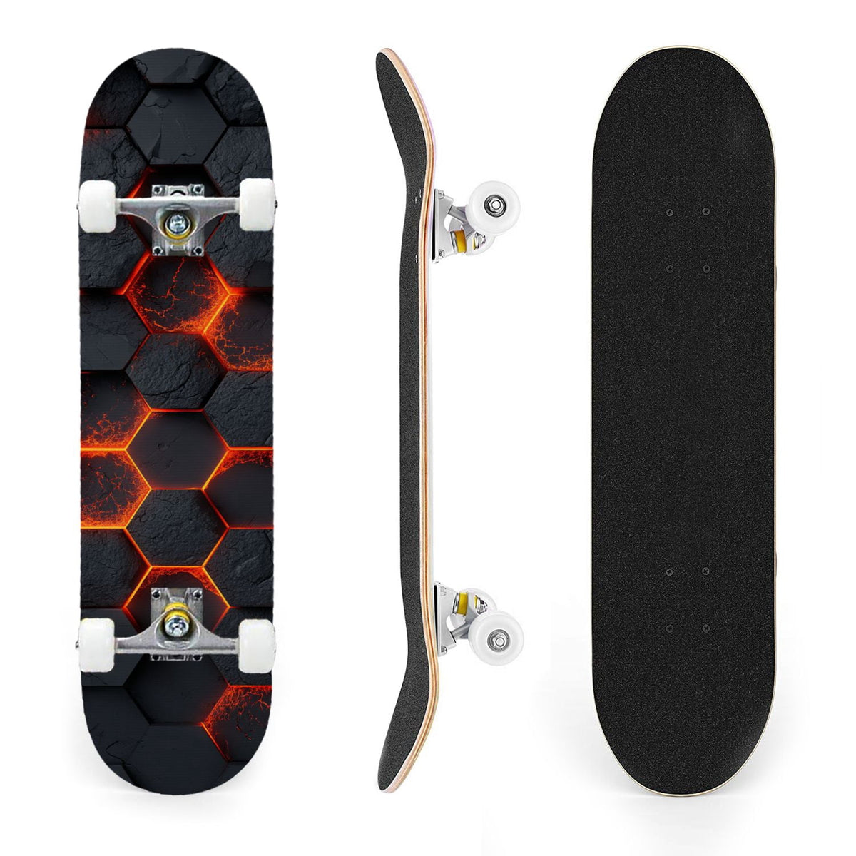 31"x8" Complete Skateboards for Beginners,Black Hexagon Honeycomb Glowing Blue Accents Double Kick 7 Ply Canadian Maple Deck Skateboard with Wheels, Gifts for Kids Teens