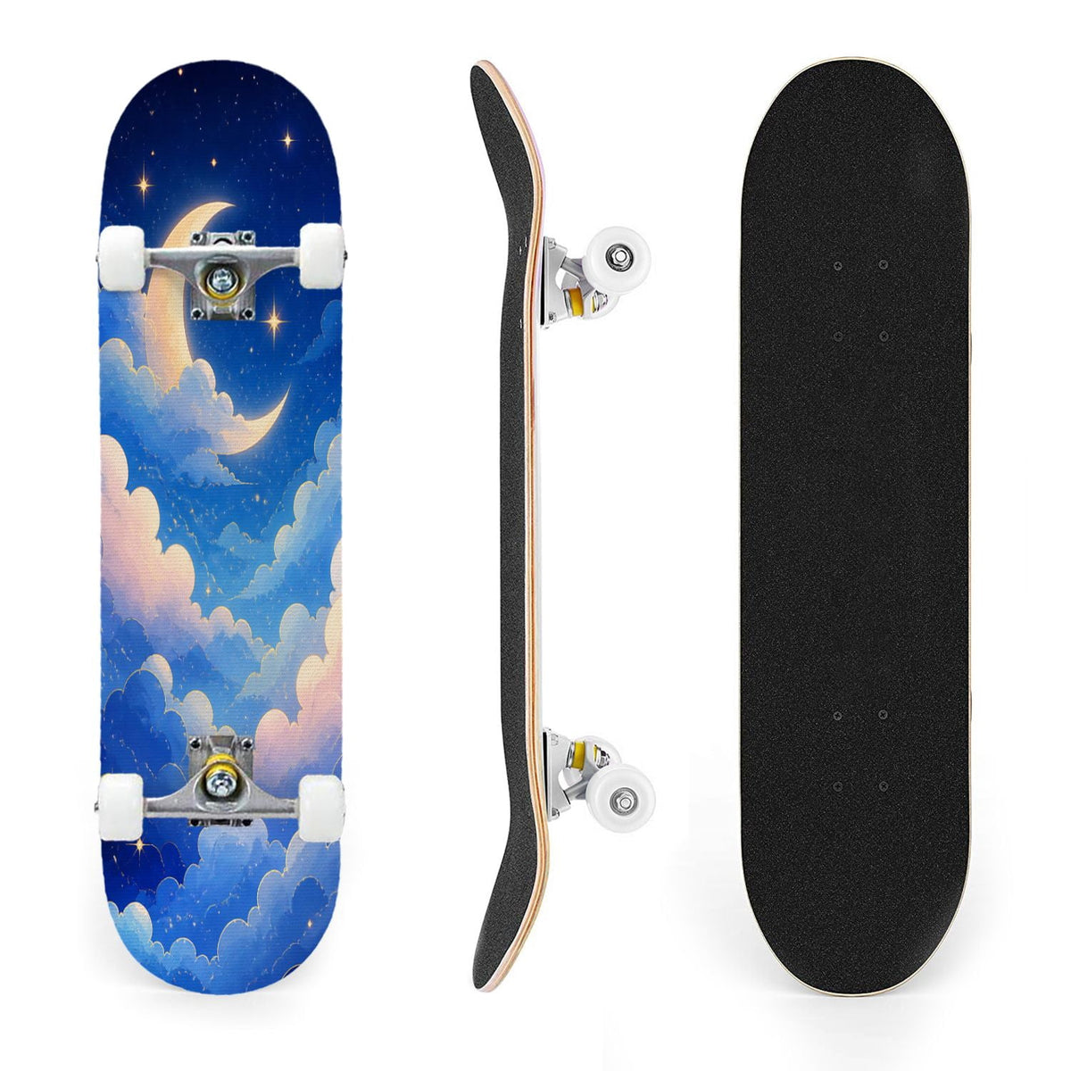 31"x8" Complete Skateboards for Beginners,Blue White Vintage Floral Roses Ornate Swirls Double Kick 7 Ply Canadian Maple Deck Skateboard with Wheels, Gifts for Kids Teens