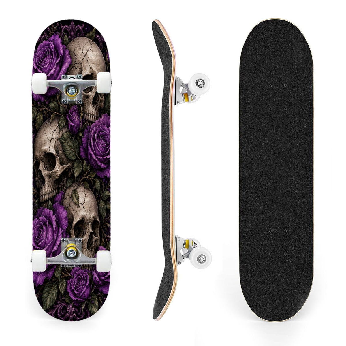 31"x8" Complete Skateboards for Beginners,Vintage Botanical Skull Flowers Elements Dark Double Kick 7 Ply Canadian Maple Deck Skateboard with Wheels, Gifts for Kids Teens