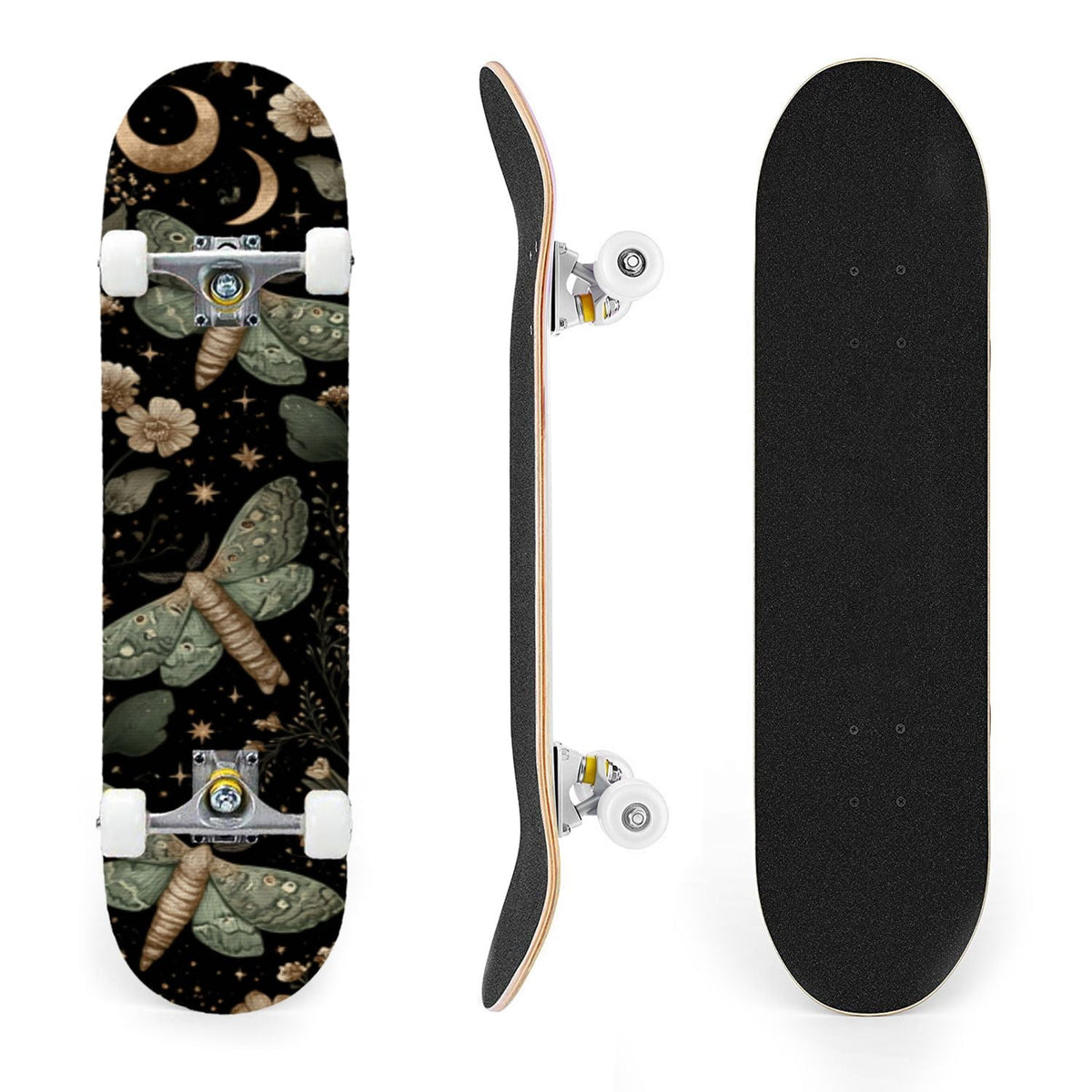 31"x8" Complete Skateboards for Beginners,Whimsical Blue Butterflies Green Foliage Dark Night Fantasy Double Kick 7 Ply Canadian Maple Deck Skateboard with Wheels, Gifts for Kids Teens