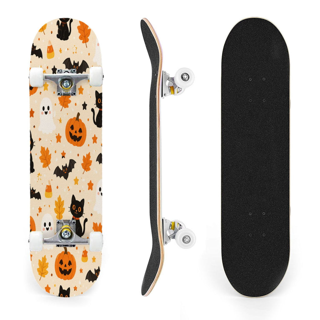31"x8" Complete Skateboards for Beginners,Halloween Black Cats Pumpkins Ghosts Bats Beige Double Kick 7 Ply Canadian Maple Deck Skateboard with Wheels, Gifts for Kids Teens