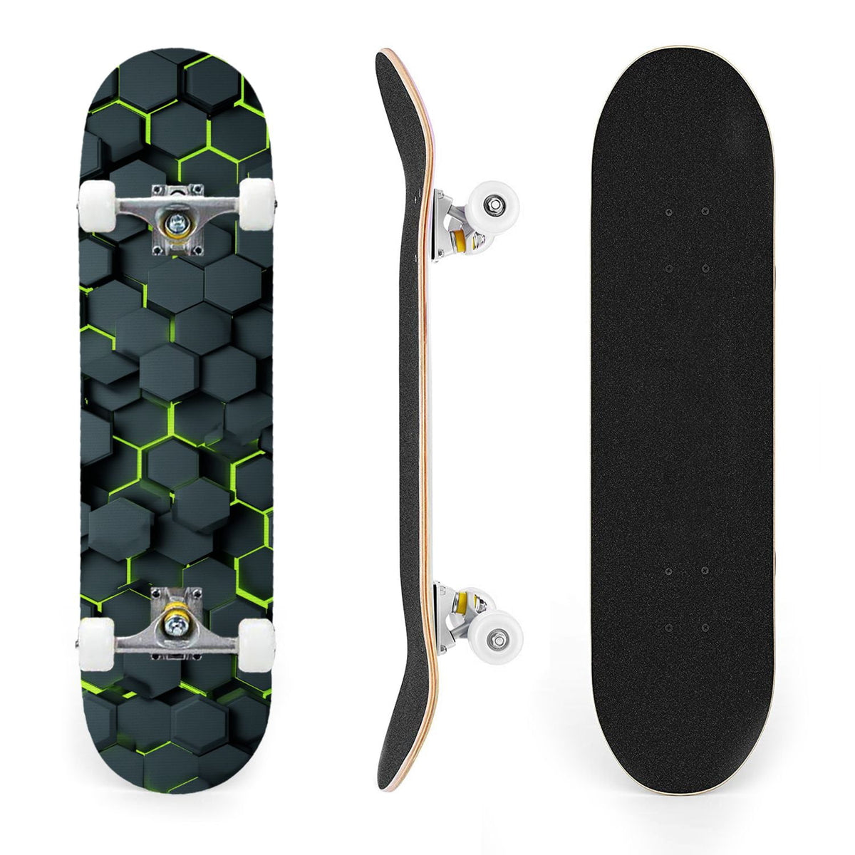 31"x8" Complete Skateboards for Beginners,Black Hexagon Honeycomb Glowing Blue Accents Double Kick 7 Ply Canadian Maple Deck Skateboard with Wheels, Gifts for Kids Teens