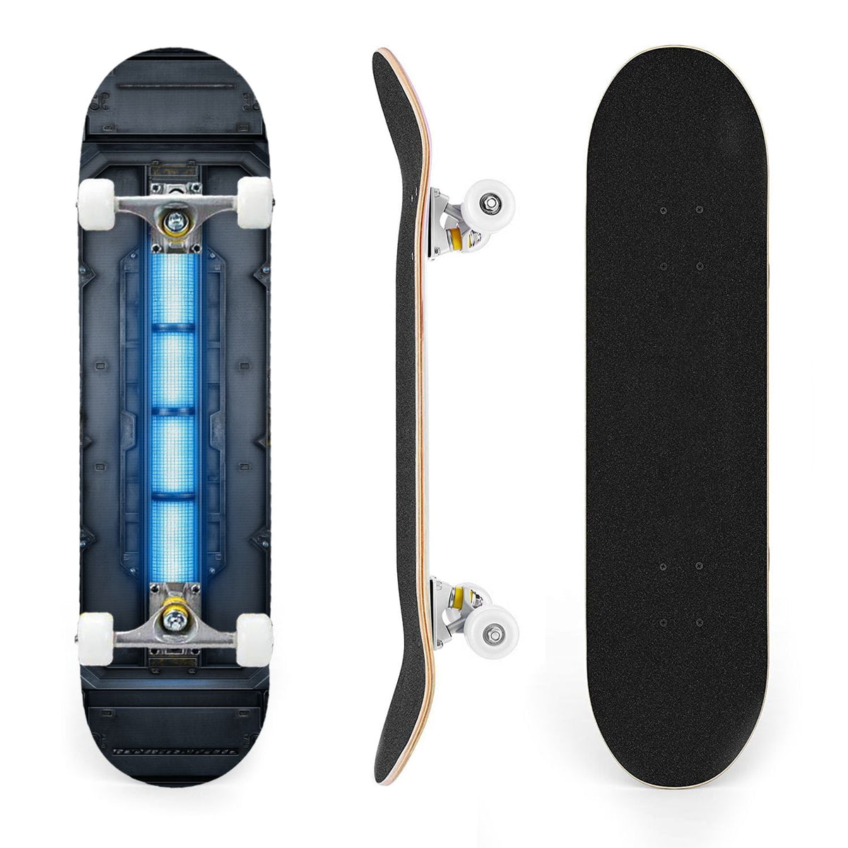 31"x8" Complete Skateboards for Beginners,Geometric Hexagon Glowing Neon Blue Purple Double Kick 7 Ply Canadian Maple Deck Skateboard with Wheels, Gifts for Kids Teens