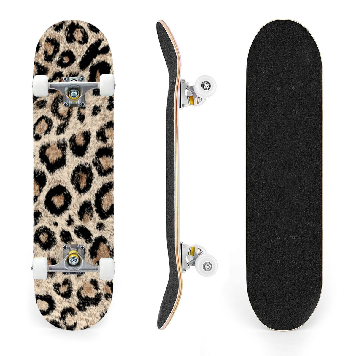 31"x8" Complete Skateboards for Beginners,Black Leopard Print Grey Double Kick 7 Ply Canadian Maple Deck Skateboard with Wheels, Gifts for Kids Teens
