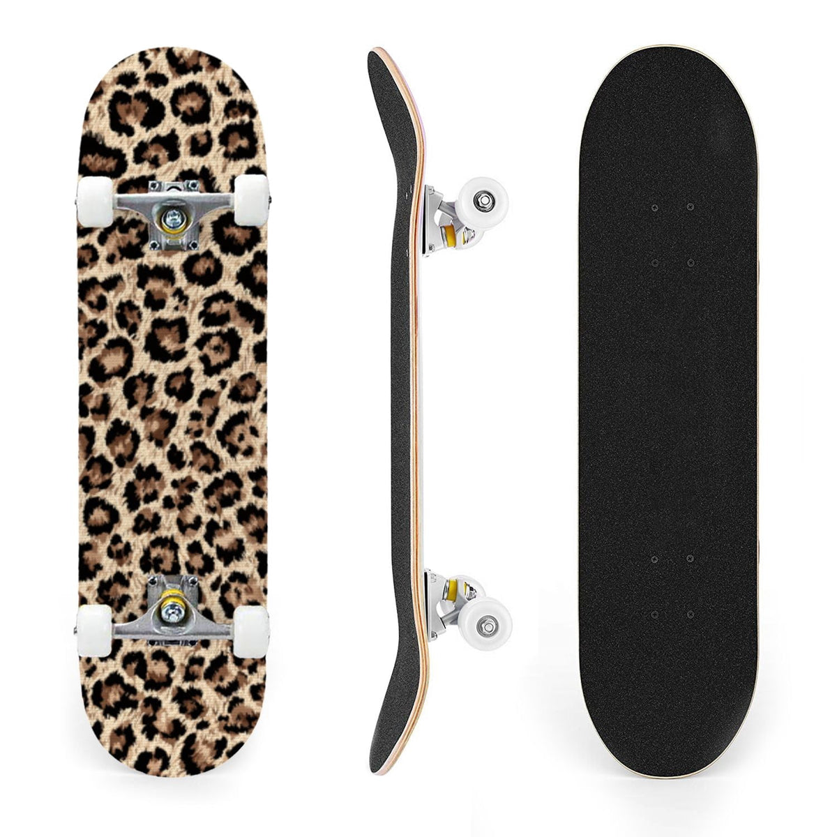 31"x8" Complete Skateboards for Beginners,Black Leopard Print Grey Double Kick 7 Ply Canadian Maple Deck Skateboard with Wheels, Gifts for Kids Teens