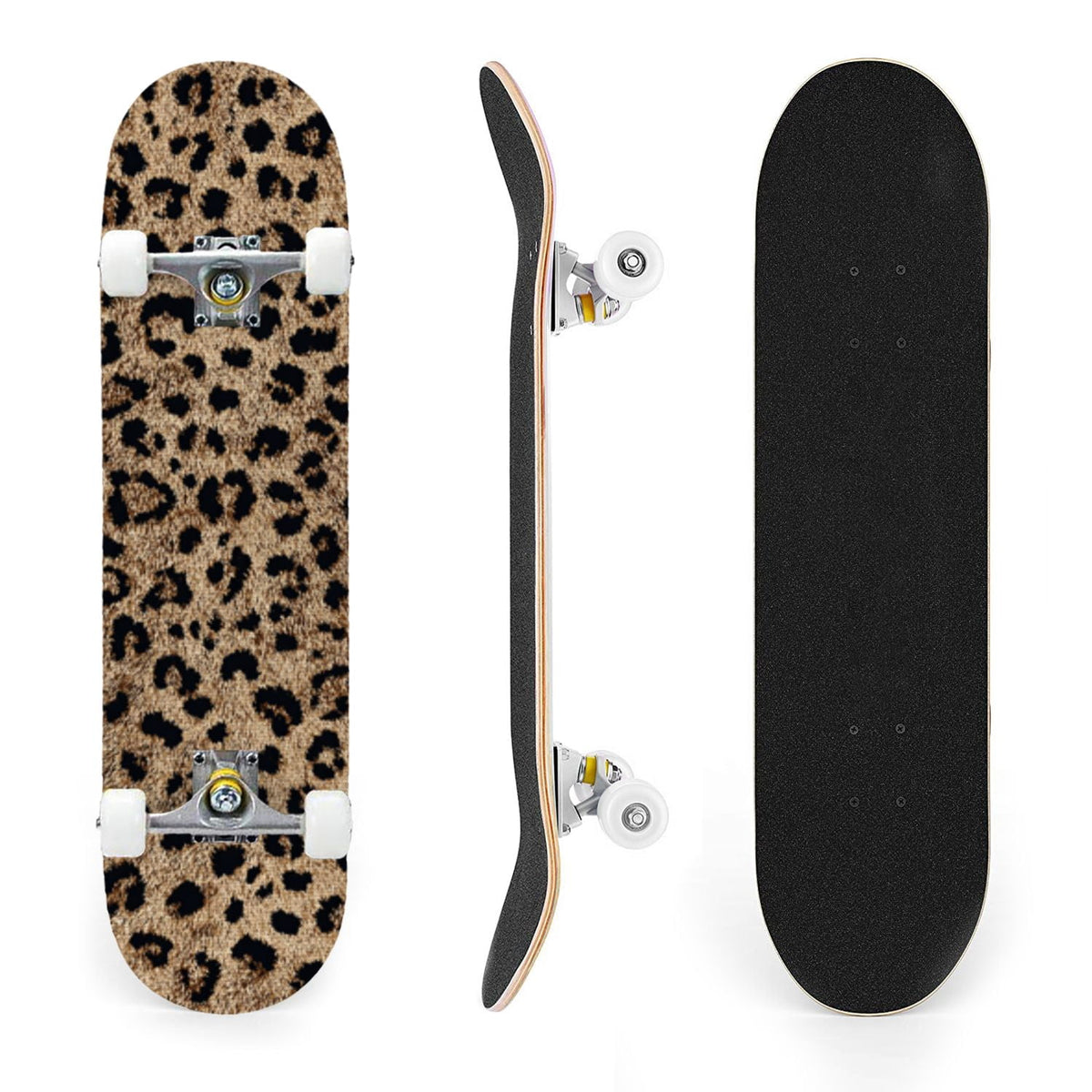 31"x8" Complete Skateboards for Beginners,Black Leopard Print Grey Double Kick 7 Ply Canadian Maple Deck Skateboard with Wheels, Gifts for Kids Teens