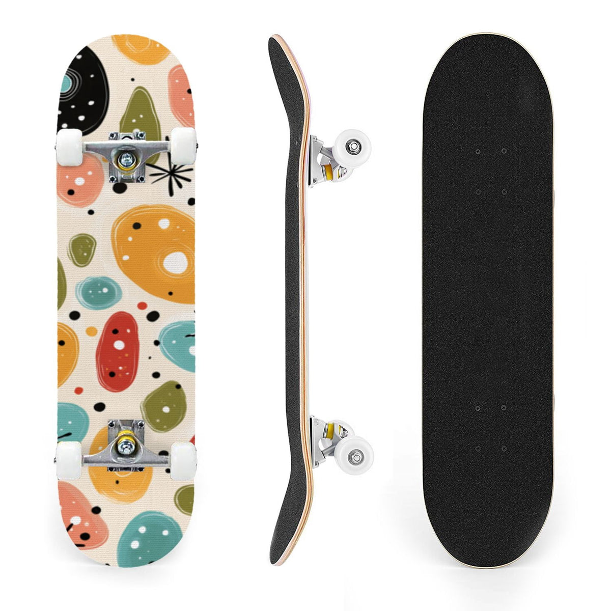 31"x8" Complete Skateboards for Beginners,Cartoon Hand Drawn Ice Cream Doodles Seamless Cones Cupcakes Double Kick 7 Ply Canadian Maple Deck Skateboard with Wheels, Gifts for Kids Teens