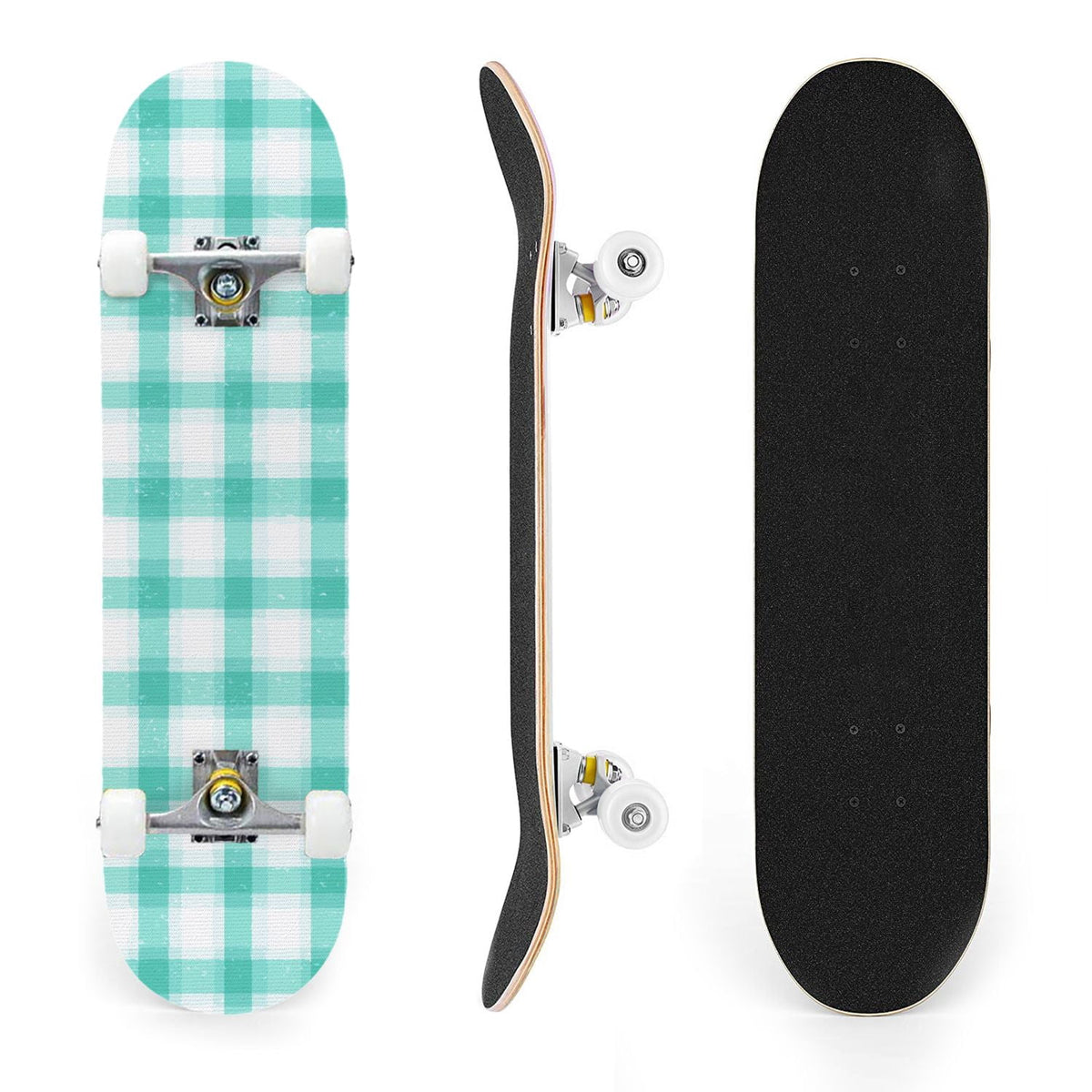 31"x8" Complete Skateboards for Beginners,Mint Green White Plaid Tartan Subtle Double Kick 7 Ply Canadian Maple Deck Skateboard with Wheels, Gifts for Kids Teens