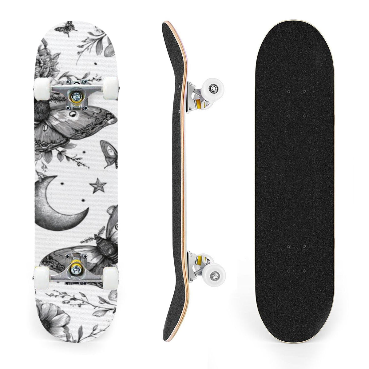 31"x8" Complete Skateboards for Beginners,Whimsical Moths Flowers Pastel Colors Stars Moon Mystical Double Kick 7 Ply Canadian Maple Deck Skateboard with Wheels, Gifts for Kids Teens