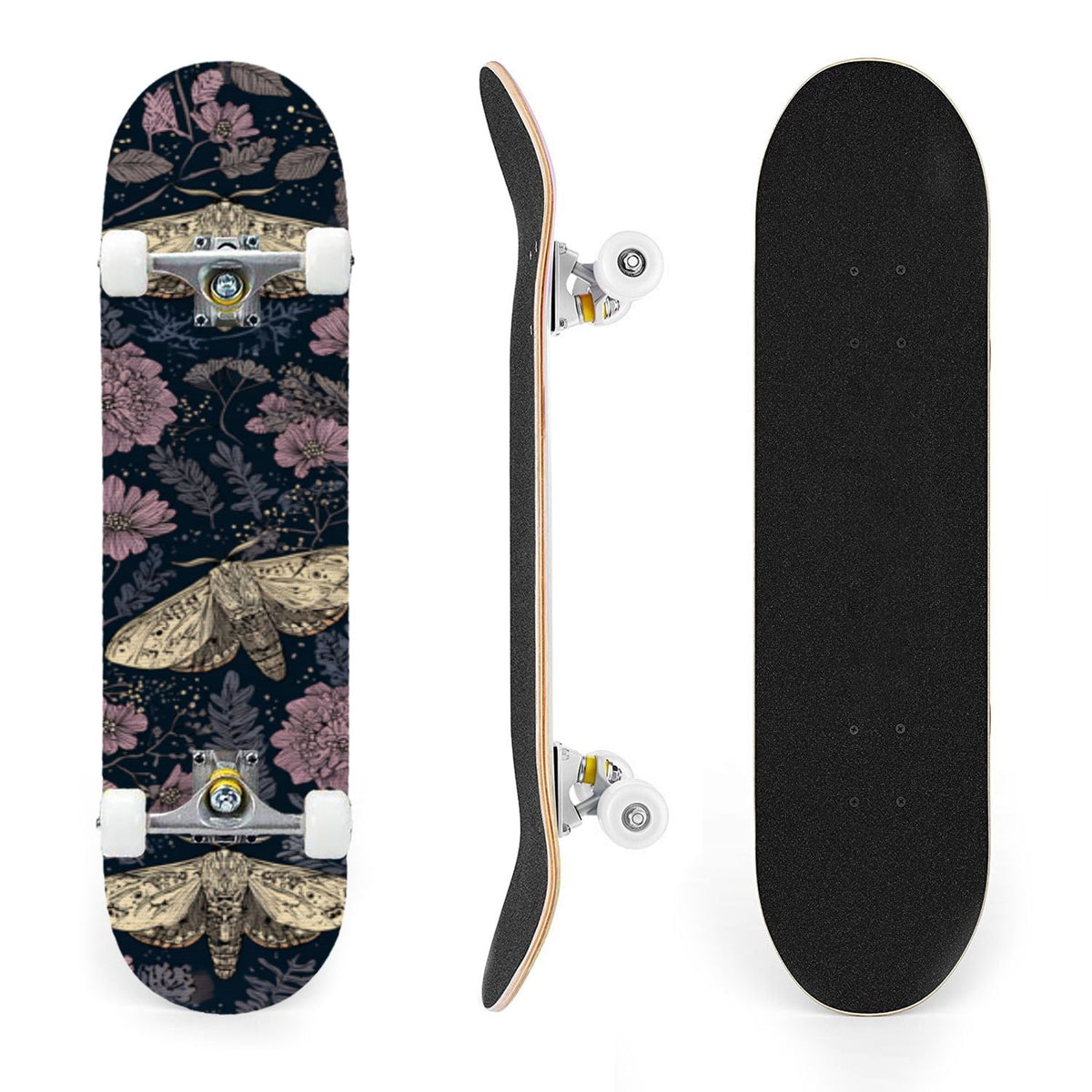 31"x8" Complete Skateboards for Beginners,Whimsical Blue Butterflies Green Foliage Dark Night Fantasy Double Kick 7 Ply Canadian Maple Deck Skateboard with Wheels, Gifts for Kids Teens