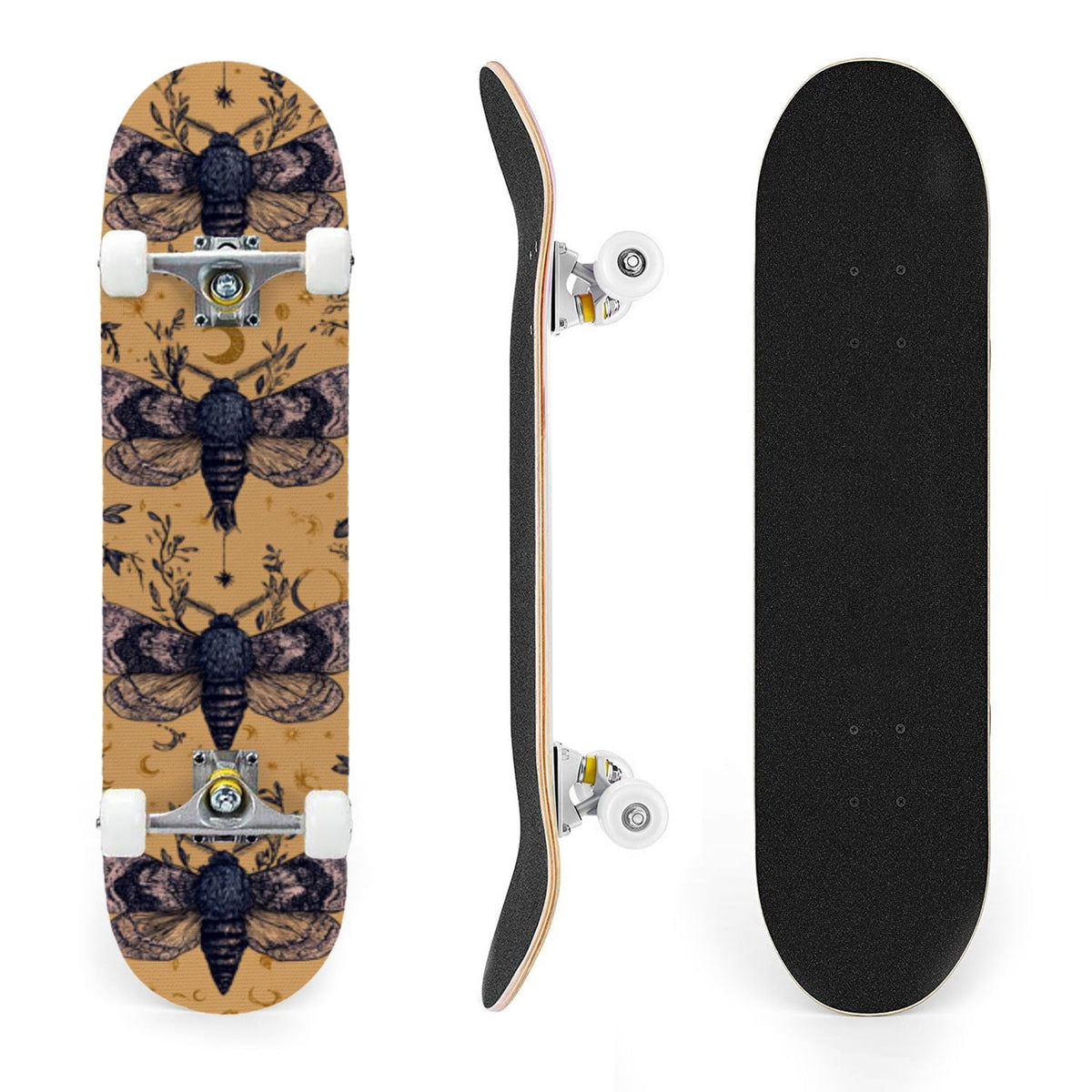 31"x8" Complete Skateboards for Beginners,Whimsical Moths Flowers Pastel Colors Stars Moon Mystical Double Kick 7 Ply Canadian Maple Deck Skateboard with Wheels, Gifts for Kids Teens