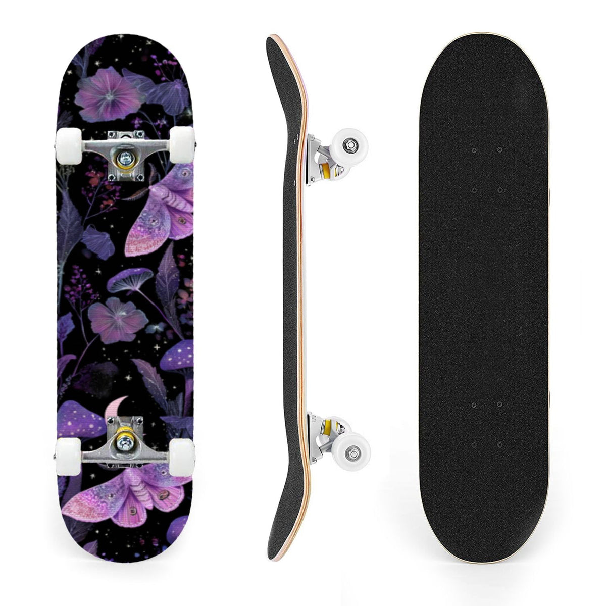 31"x8" Complete Skateboards for Beginners,Whimsical Blue Butterflies Green Foliage Dark Night Fantasy Double Kick 7 Ply Canadian Maple Deck Skateboard with Wheels, Gifts for Kids Teens