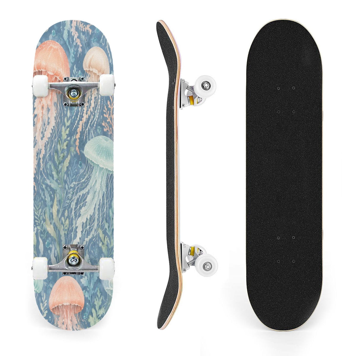 31"x8" Complete Skateboards for Beginners,Blue Botanical Leaf White Double Kick 7 Ply Canadian Maple Deck Skateboard with Wheels, Gifts for Kids Teens