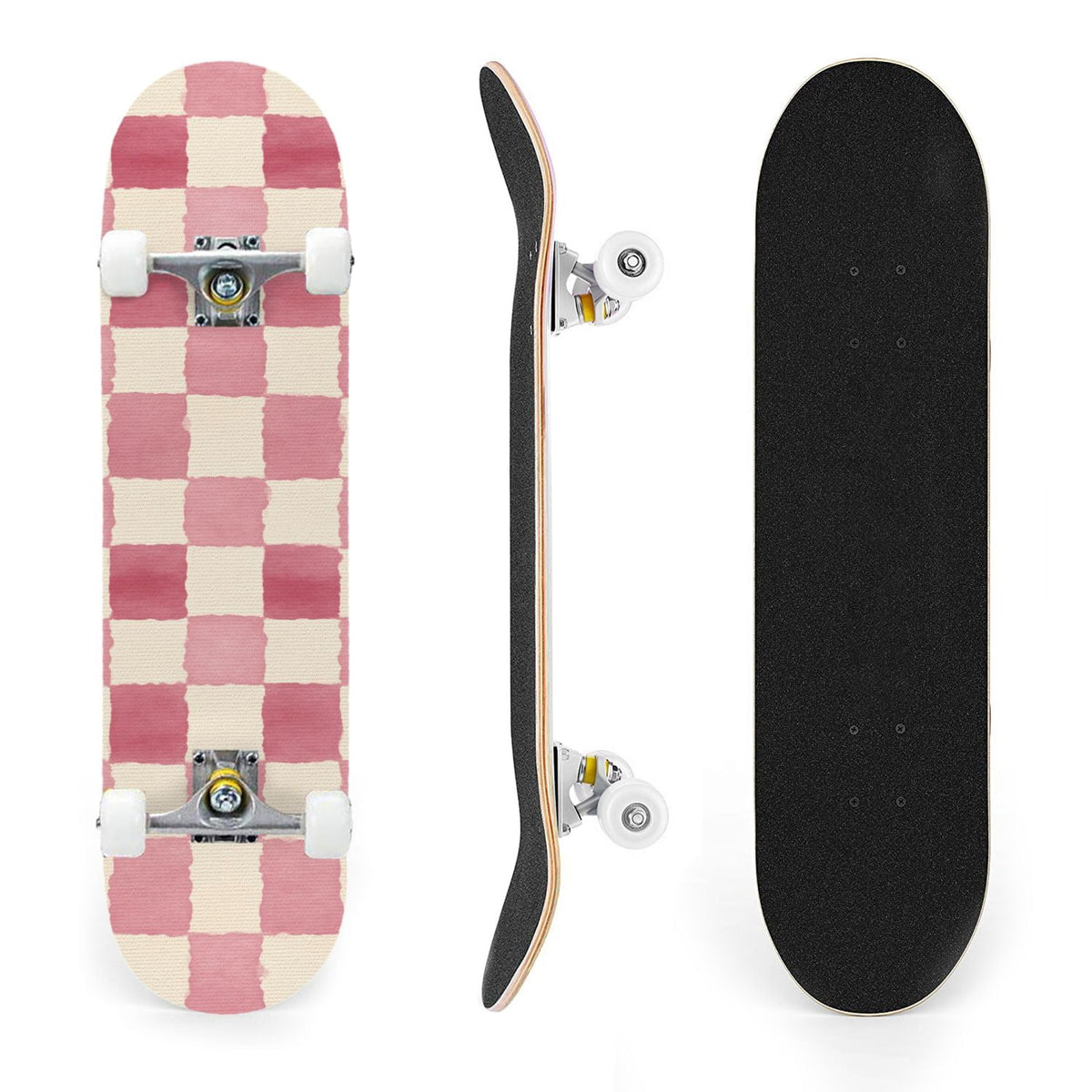 31"x8" Complete Skateboards for Beginners,Green White Plaid Checkered Watercolor Double Kick 7 Ply Canadian Maple Deck Skateboard with Wheels, Gifts for Kids Teens