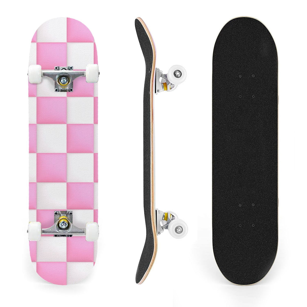 31"x8" Complete Skateboards for Beginners,Black Pink Checkered Retro Aesthetic Double Kick 7 Ply Canadian Maple Deck Skateboard with Wheels, Gifts for Kids Teens