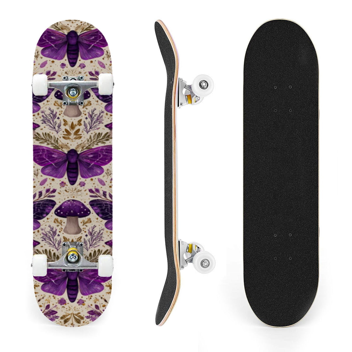 31"x8" Complete Skateboards for Beginners,Whimsical Blue Butterflies Green Foliage Dark Night Fantasy Double Kick 7 Ply Canadian Maple Deck Skateboard with Wheels, Gifts for Kids Teens