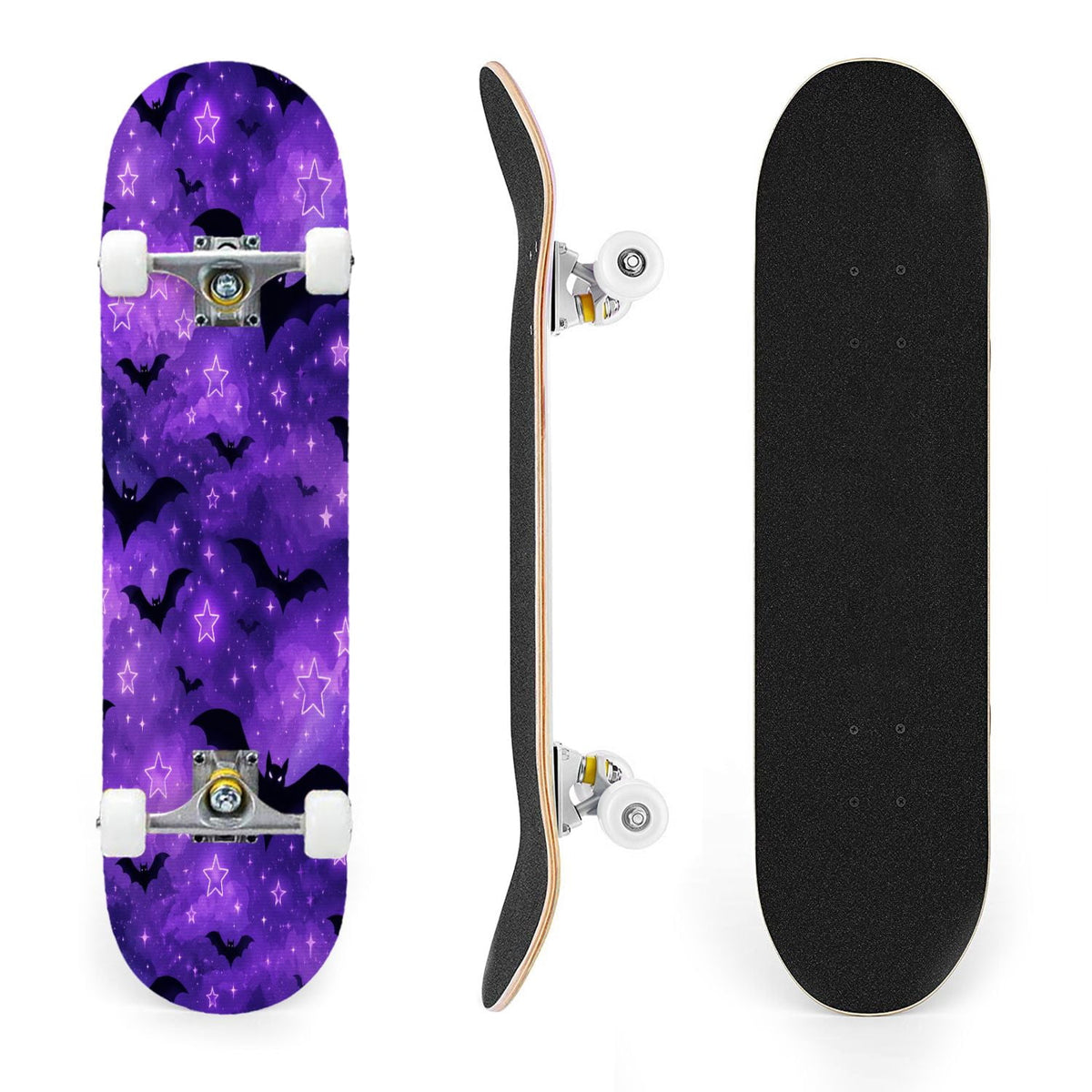 31"x8" Complete Skateboards for Beginners,Cute Ghosts Purple Bows Bats Lilac Halloween Double Kick 7 Ply Canadian Maple Deck Skateboard with Wheels, Gifts for Kids Teens