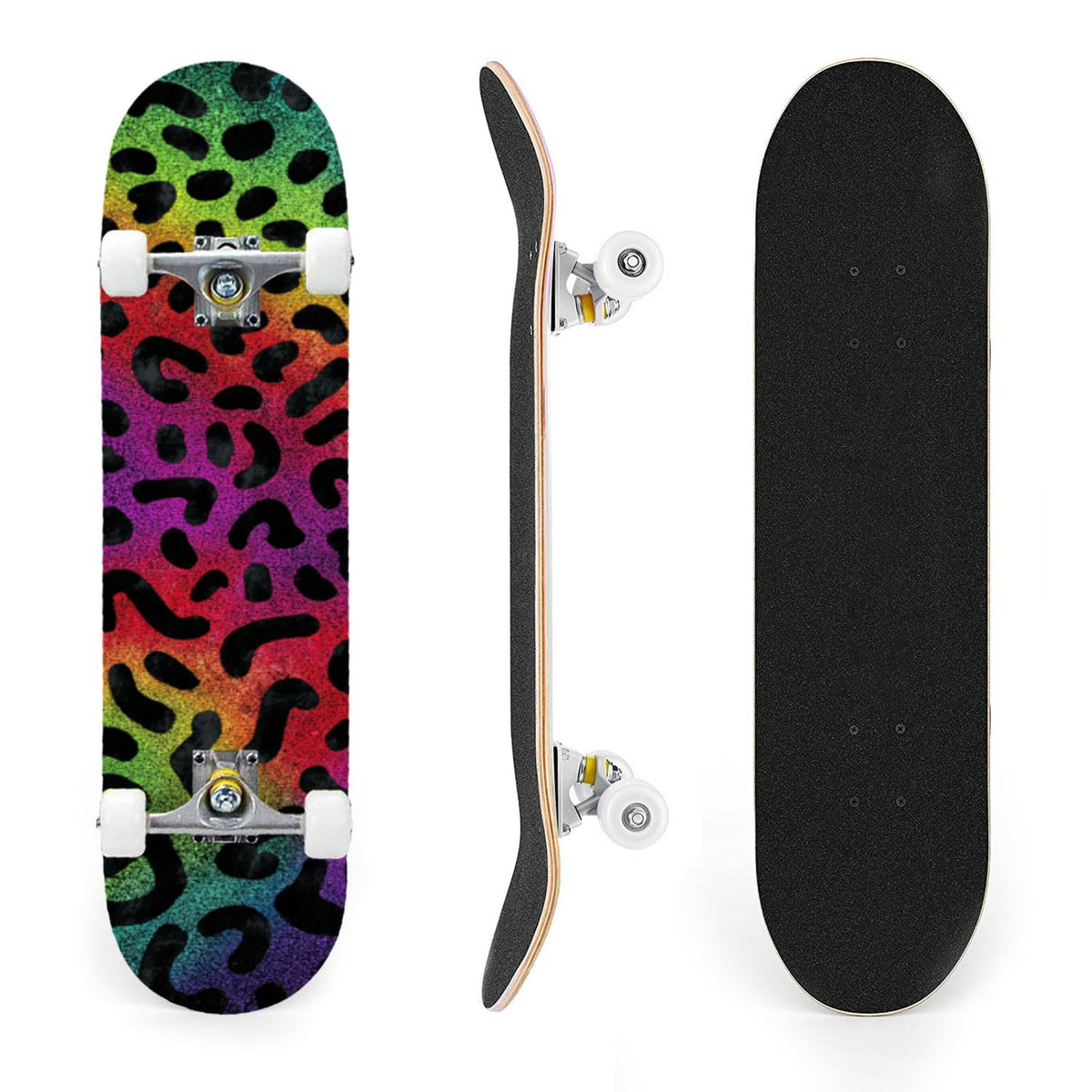 31"x8" Complete Skateboards for Beginners,Black Leopard Print Grey Double Kick 7 Ply Canadian Maple Deck Skateboard with Wheels, Gifts for Kids Teens