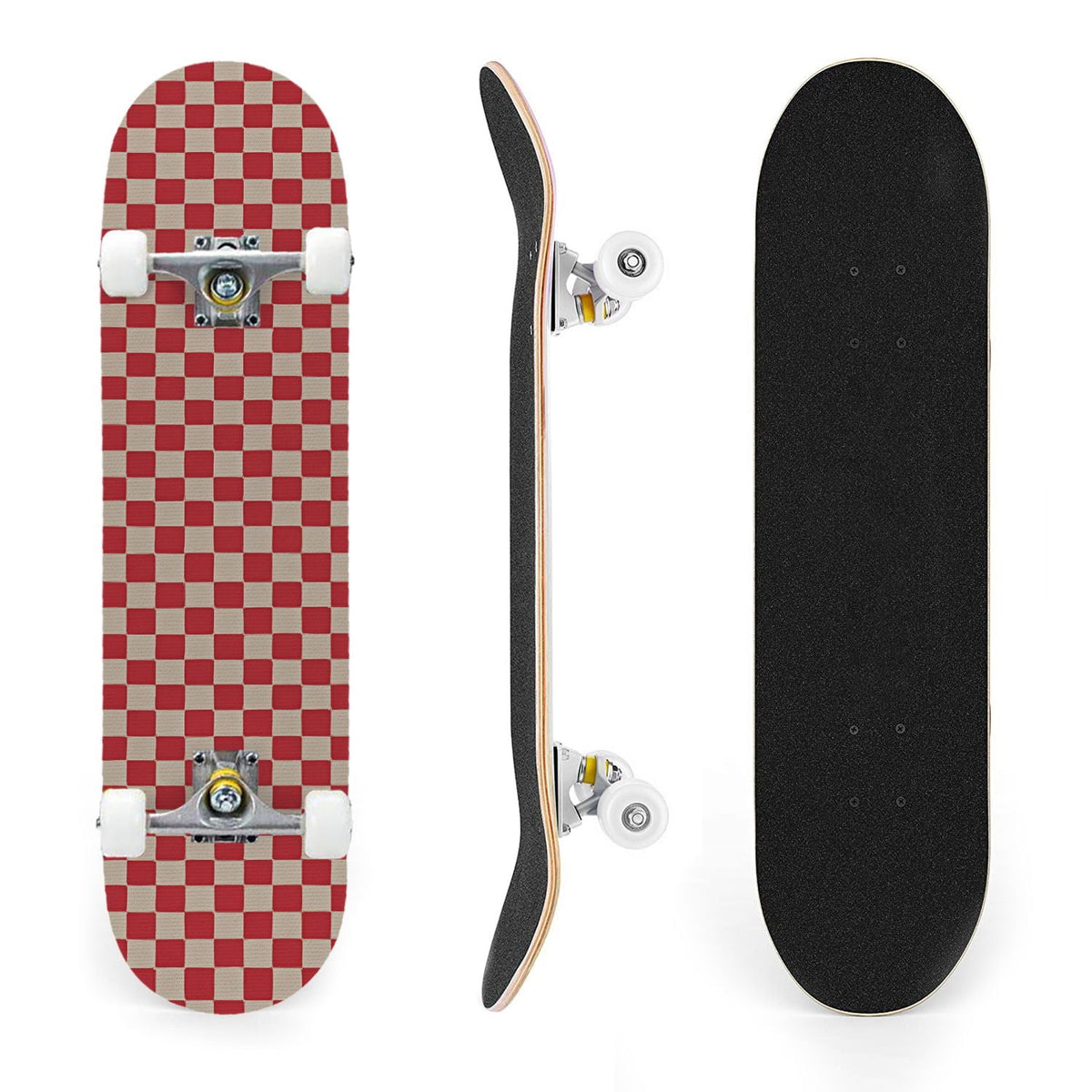 31"x8" Complete Skateboards for Beginners,Black Pink Checkered Retro Aesthetic Double Kick 7 Ply Canadian Maple Deck Skateboard with Wheels, Gifts for Kids Teens
