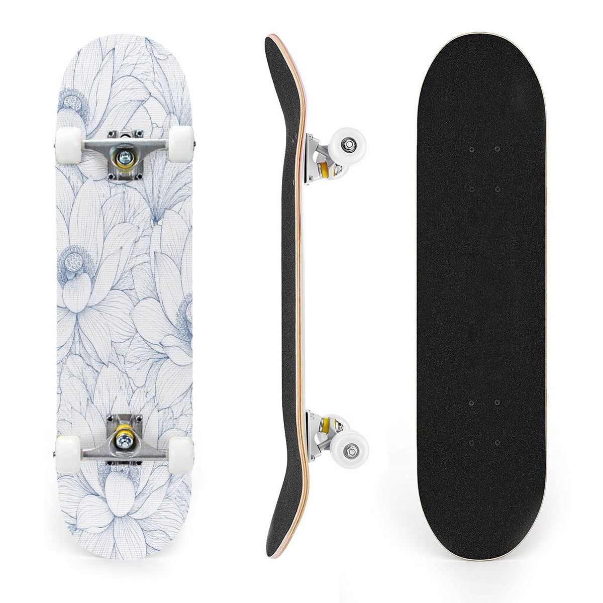 31"x8" Complete Skateboards for Beginners,Blue Botanical Leaf White Double Kick 7 Ply Canadian Maple Deck Skateboard with Wheels, Gifts for Kids Teens