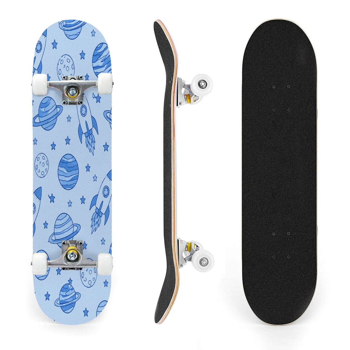 31"x8" Complete Skateboards for Beginners,Blue White Vintage Floral Roses Ornate Swirls Double Kick 7 Ply Canadian Maple Deck Skateboard with Wheels, Gifts for Kids Teens