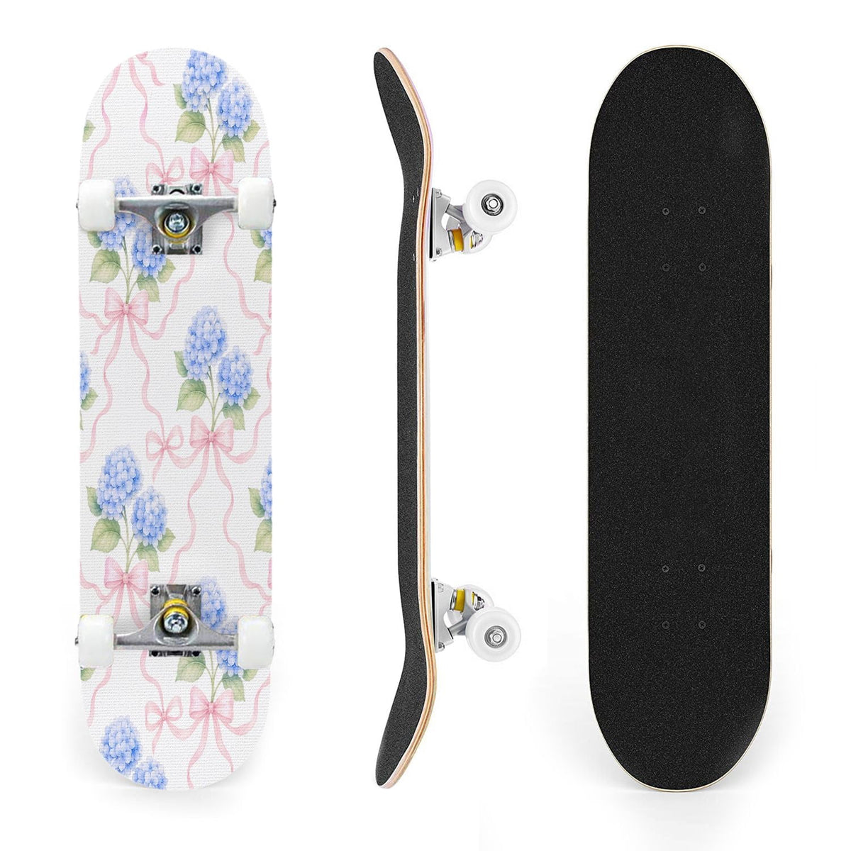 31"x8" Complete Skateboards for Beginners,Elegant White Blue Flowers Soft Petals Dreamy Artistic Double Kick 7 Ply Canadian Maple Deck Skateboard with Wheels, Gifts for Kids Teens