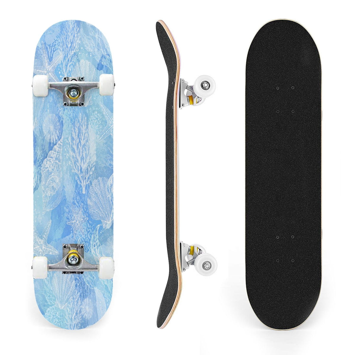 31"x8" Complete Skateboards for Beginners,Blue Botanical Leaf White Double Kick 7 Ply Canadian Maple Deck Skateboard with Wheels, Gifts for Kids Teens