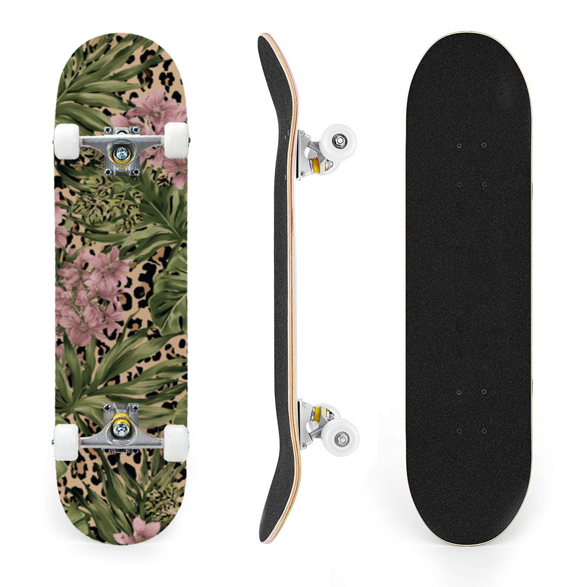 31"x8" Complete Skateboards for Beginners,Black Leopard Print Grey Double Kick 7 Ply Canadian Maple Deck Skateboard with Wheels, Gifts for Kids Teens