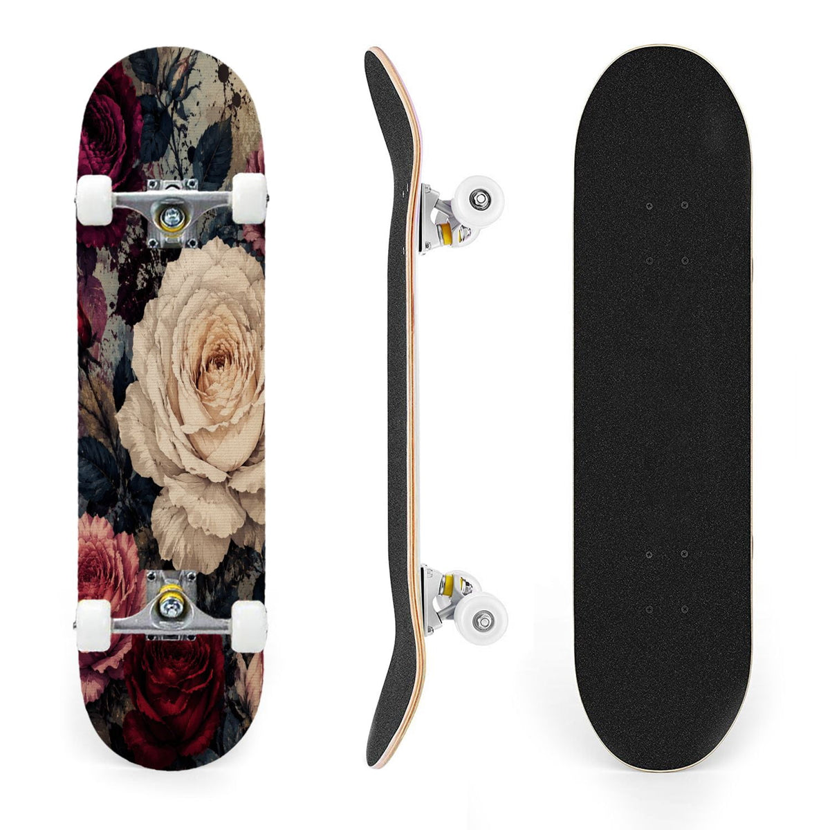 31"x8" Complete Skateboards for Beginners,Vintage Botanical Skull Flowers Elements Dark Double Kick 7 Ply Canadian Maple Deck Skateboard with Wheels, Gifts for Kids Teens
