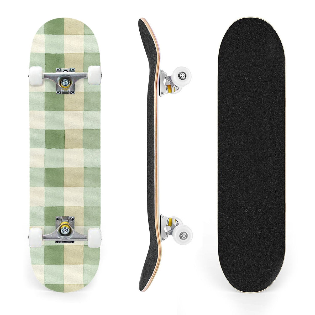 31"x8" Complete Skateboards for Beginners,Green White Plaid Checkered Watercolor Double Kick 7 Ply Canadian Maple Deck Skateboard with Wheels, Gifts for Kids Teens