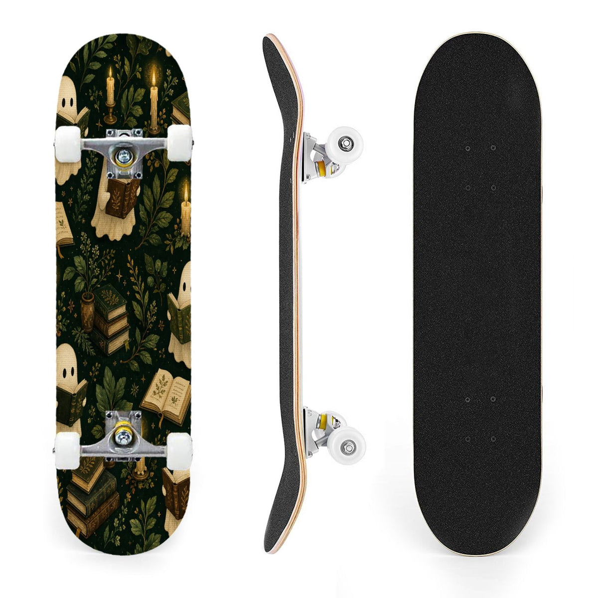 31"x8" Complete Skateboards for Beginners,Vintage Botanical Skull Flowers Elements Dark Double Kick 7 Ply Canadian Maple Deck Skateboard with Wheels, Gifts for Kids Teens