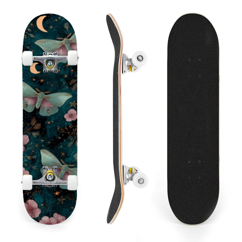 31"x8" Complete Skateboards for Beginners,Whimsical Moths Flowers Pastel Colors Stars Moon Mystical Double Kick 7 Ply Canadian Maple Deck Skateboard with Wheels, Gifts for Kids Teens