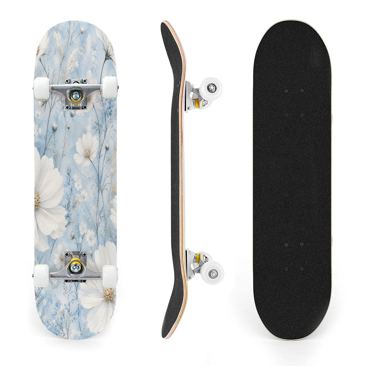 31"x8" Complete Skateboards for Beginners,Elegant White Blue Flowers Soft Petals Dreamy Artistic Double Kick 7 Ply Canadian Maple Deck Skateboard with Wheels, Gifts for Kids Teens