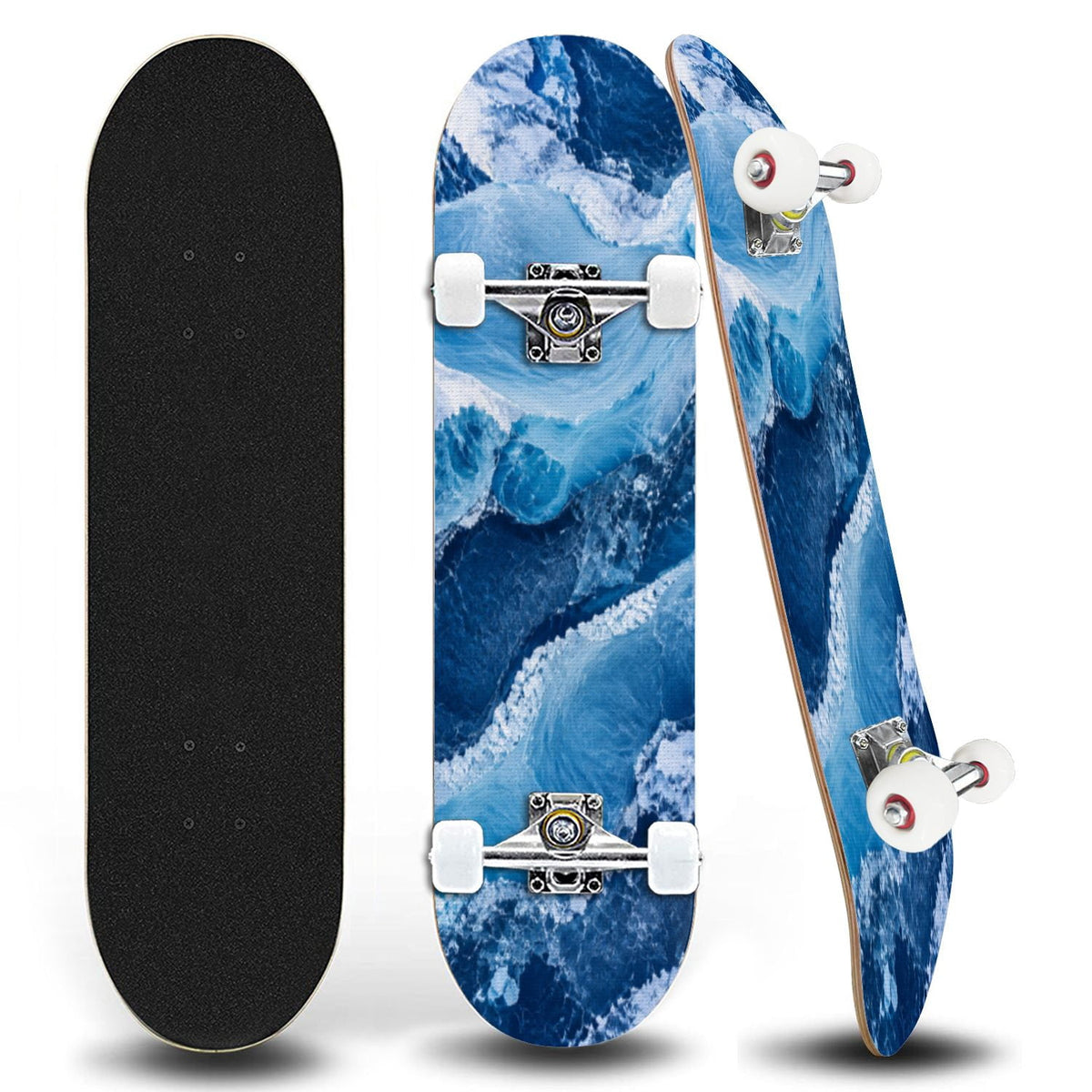 31"x8" abstract paint water blue sea Complete Skateboard for Beginners waves watercolor seamless 7 Layer Maple Deck Double Kick Kids Skateboard with 85A PU Wheels Gifts for Kids Teens