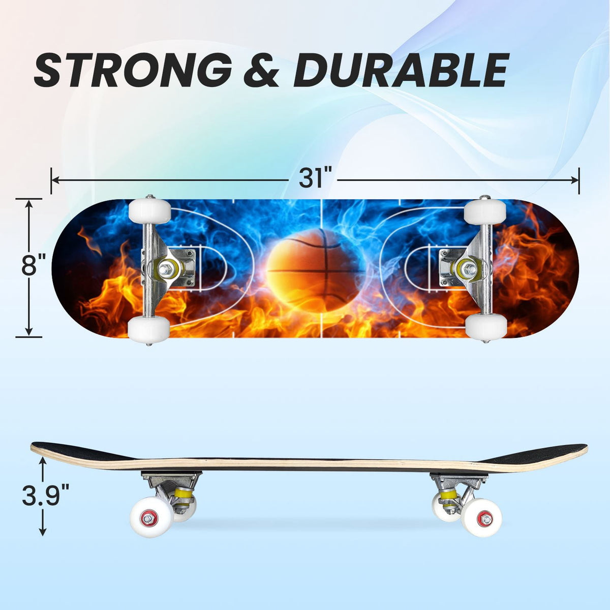 31"x8" Complete Skateboards for Beginners,Vintage Baseball Worn Red Stitches Rustic Double Kick 7 Ply Canadian Maple Deck Skateboard with Wheels, Sports Gifts for Kids Teens