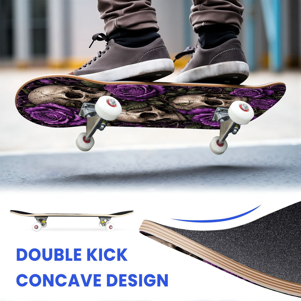31"x8" Complete Skateboards for Beginners,Vintage Botanical Skull Flowers Elements Dark Double Kick 7 Ply Canadian Maple Deck Skateboard with Wheels, Gifts for Kids Teens