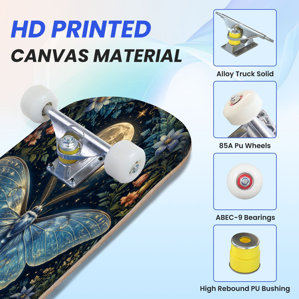 31"x8" Complete Skateboards for Beginners, Blue Moth Moonlight Flowers Mushrooms Forest Double Kick 7 Ply Canadian Maple Deck Skateboard with Wheels, Gifts for Kids Teens