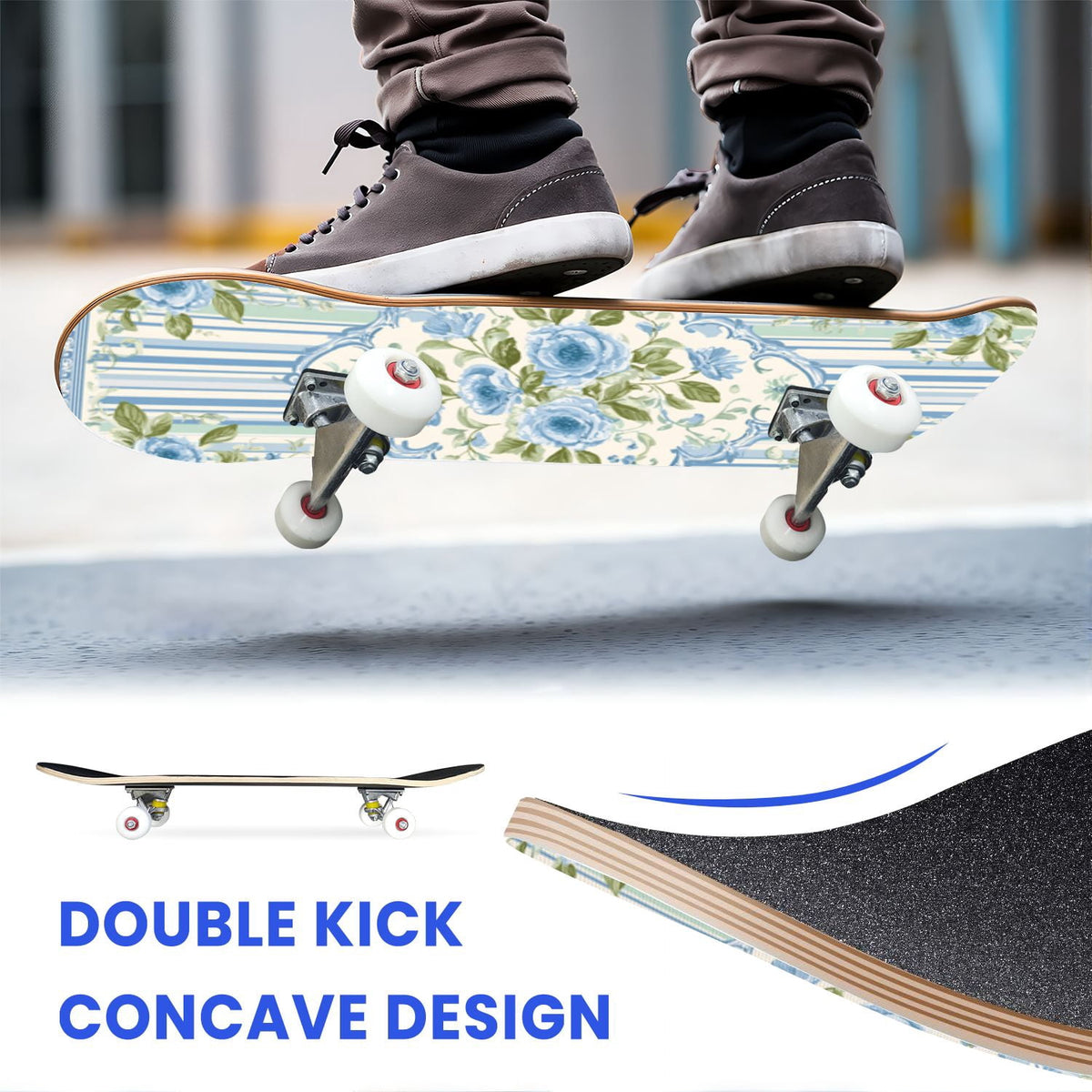 31"x8" Complete Skateboards for Beginners, White Birch Tree Bark Natural Knots Horizontal Lines Double Kick 7 Ply Canadian Maple Deck Skateboard with Wheels, Gifts for Kids Teens