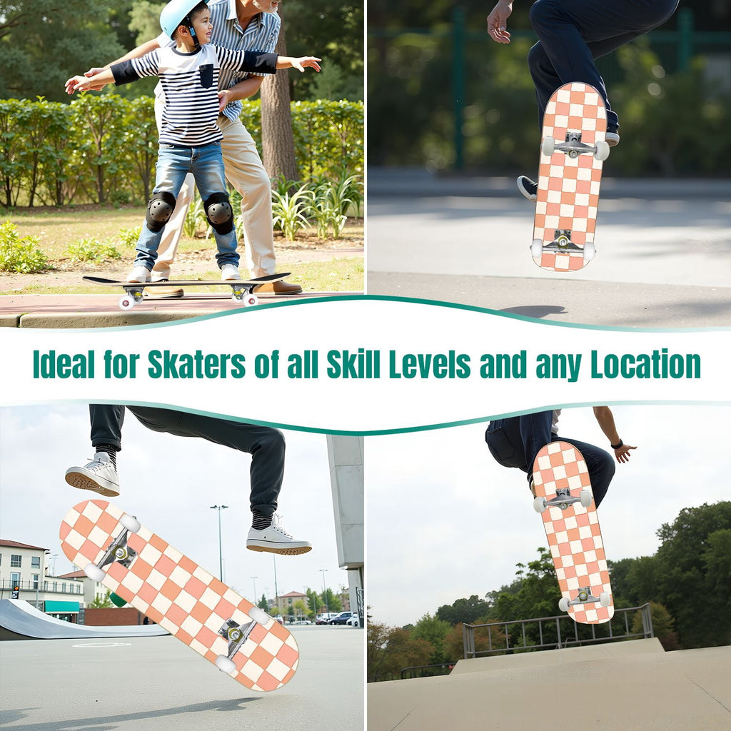 31"x8" Complete Skateboards for Beginners,Colorful Geometric Tile Multicolored Squares Double Kick 7 Ply Canadian Maple Deck Skateboard with Wheels, Gifts for Kids Teens