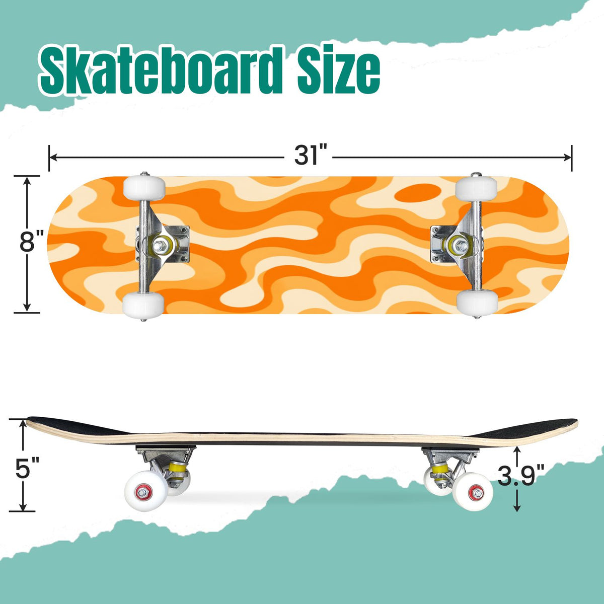 White Birch Tree Bark Natural Knots Horizontal Lines 31" x 8" Complete Skateboard, 7-Ply Canadian Maple Double Kick Trick Board for Kids and Beginners Adult Gifts