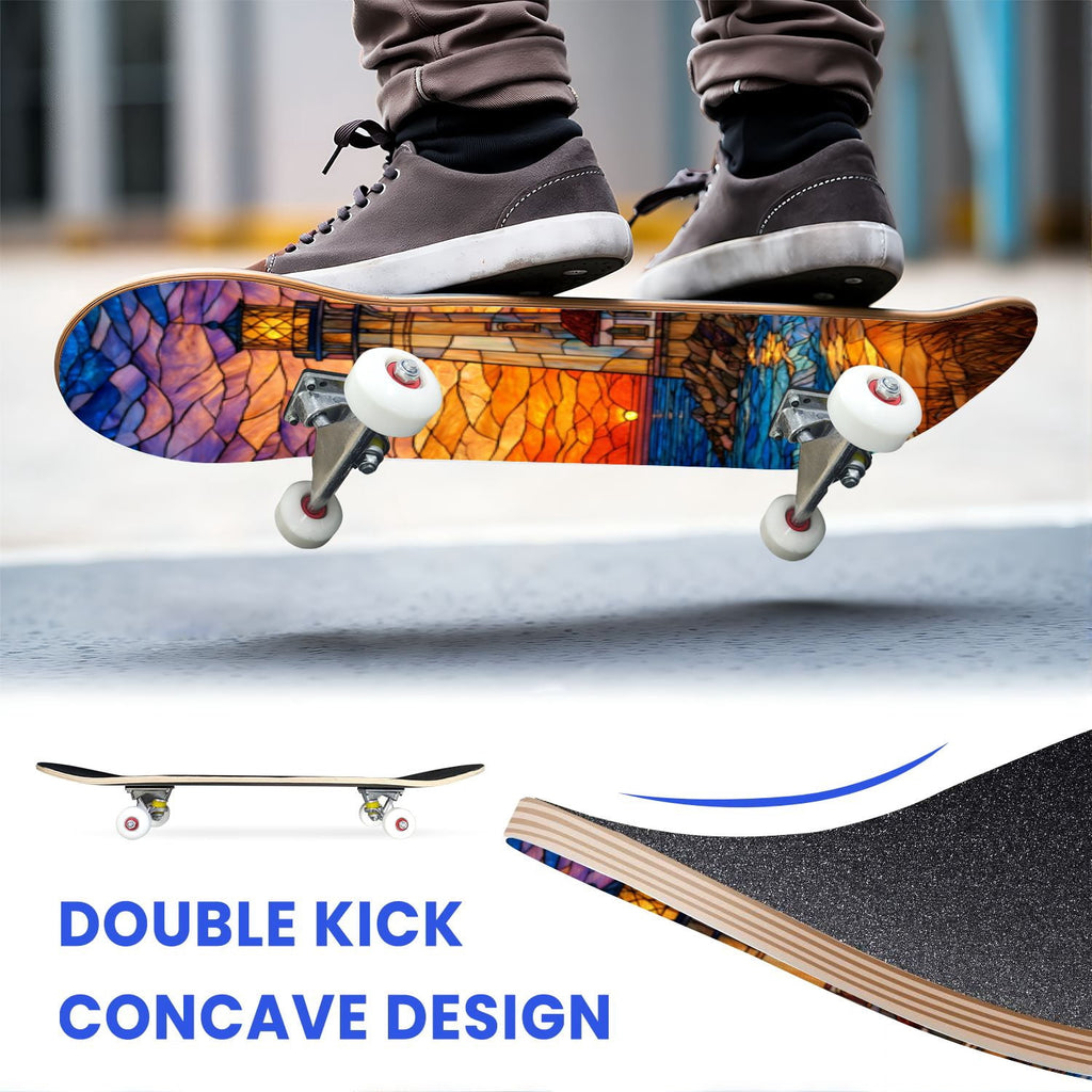 31"x8" Complete Skateboards for Beginners, White Birch Tree Bark Natural Knots Horizontal Lines Double Kick 7 Ply Canadian Maple Deck Skateboard with Wheels, Gifts for Kids Teens