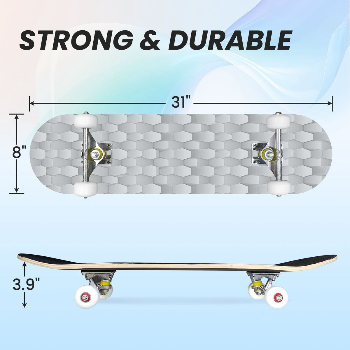 31"x8" Complete Skateboards for Beginners, Honeycomb Futuristic Hexagonal Neon Glowing Orange Light Double Kick 7 Ply Canadian Maple Deck Skateboard with Wheels, Gifts for Kids Teens