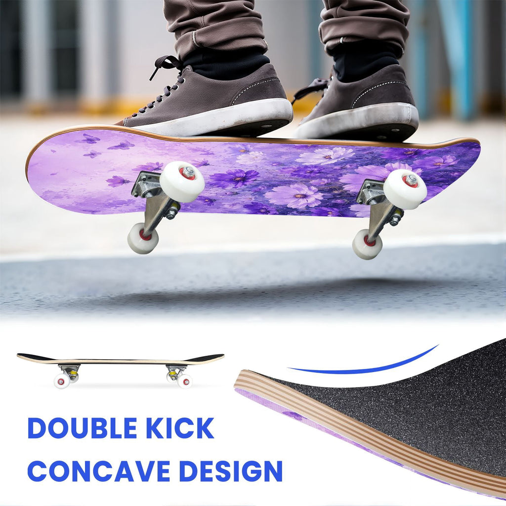 31"x8" Complete Skateboards for Beginners, Purple White Cosmos Flowers Butterflies Watercolor Double Kick 7 Ply Canadian Maple Deck Skateboard with Wheels, Gifts for Kids Teens