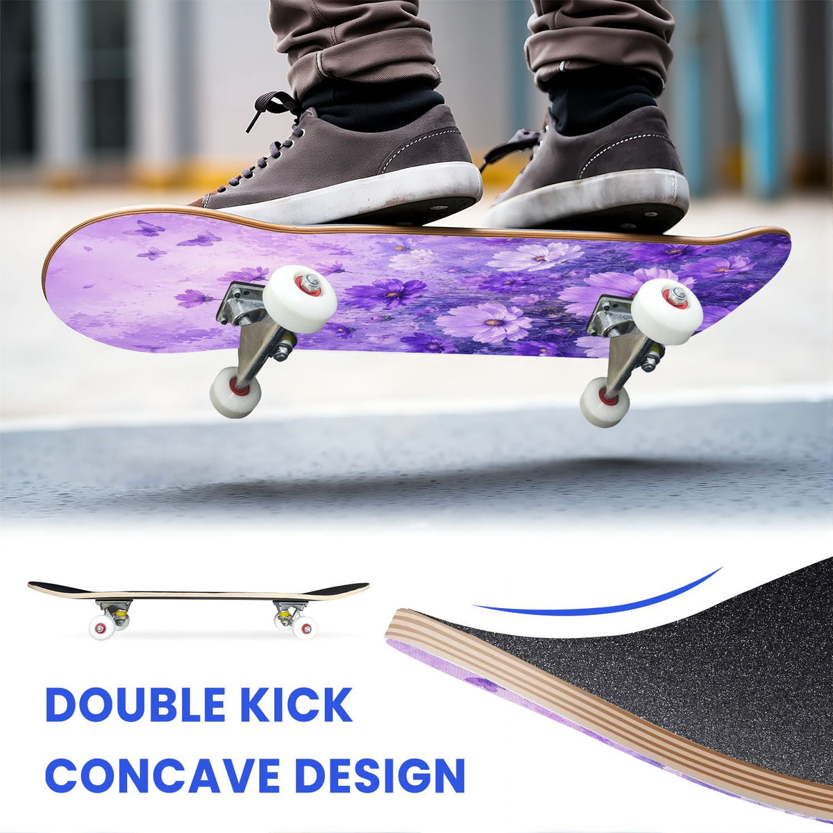 31"x8" Complete Skateboards for Beginners, Purple White Cosmos Flowers Butterflies Watercolor Double Kick 7 Ply Canadian Maple Deck Skateboard with Wheels, Gifts for Kids Teens