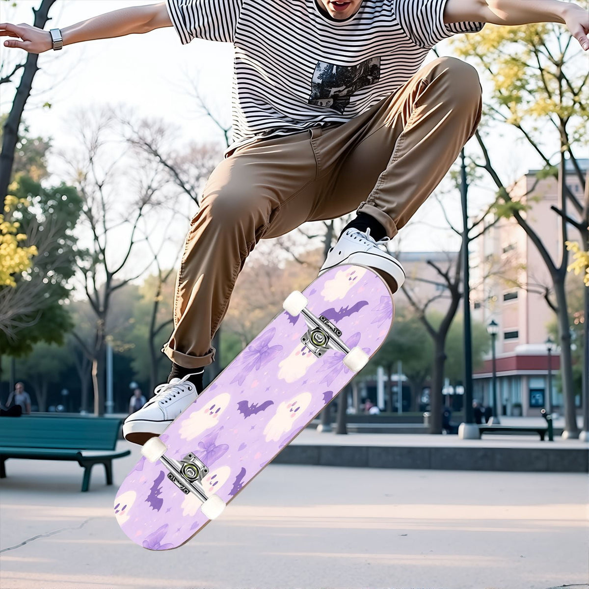 31"x8" Complete Skateboards for Beginners,Cute Ghosts Purple Bows Bats Lilac Halloween Double Kick 7 Ply Canadian Maple Deck Skateboard with Wheels, Gifts for Kids Teens