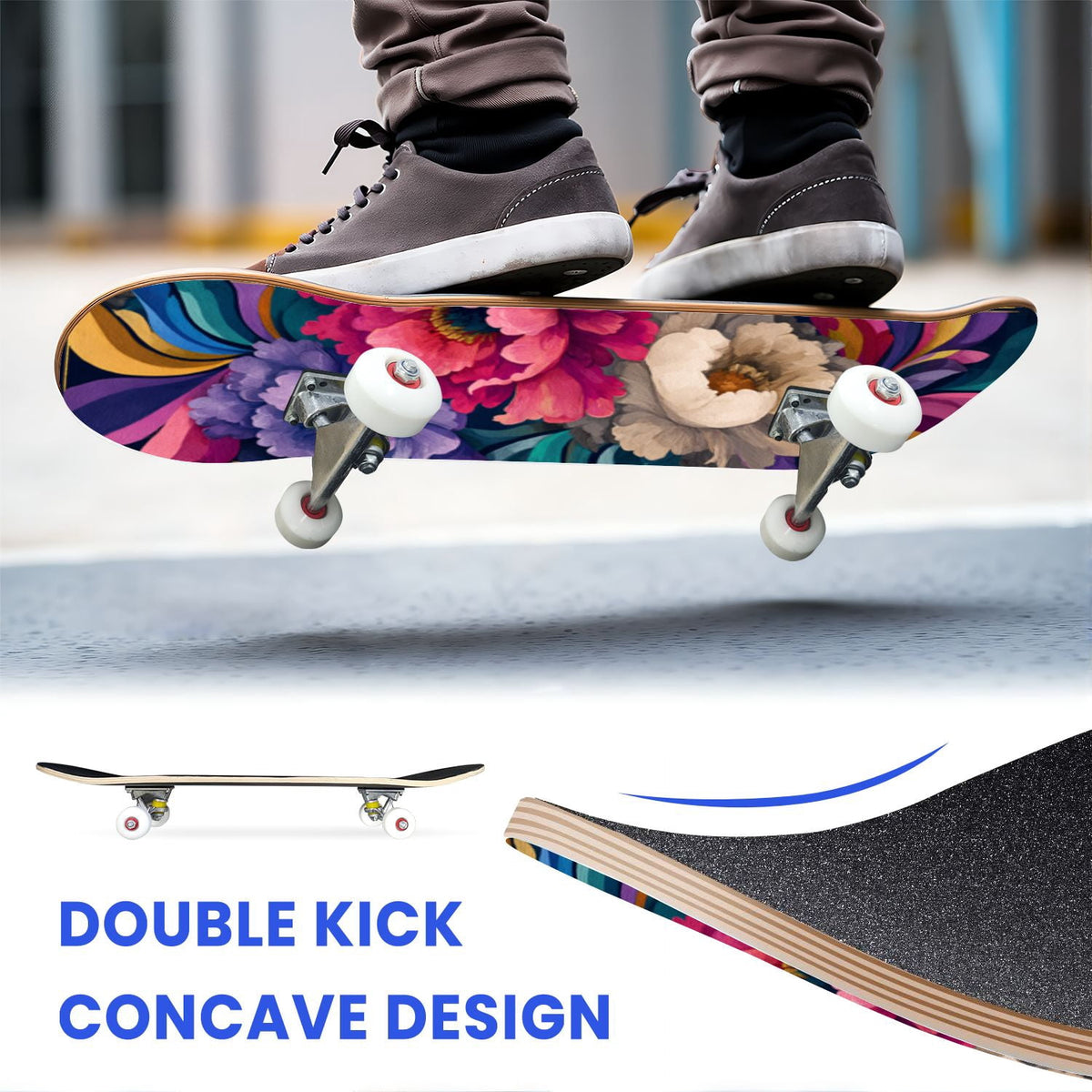 31"x8" Complete Skateboards for Beginners, Turquoise Flowers Teal Daisy Flower Butterfly Blue Romantic Double Kick 7 Ply Canadian Maple Deck Skateboard with Wheels, Gifts for Kids Teens