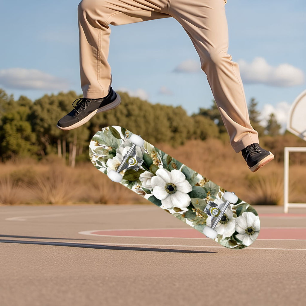 Vintage Damask Light Blue Brown Tones 31" x 8" Complete Skateboard, 7-Ply Canadian Maple Double Kick Trick Board for Kids and Beginners Adult Gifts