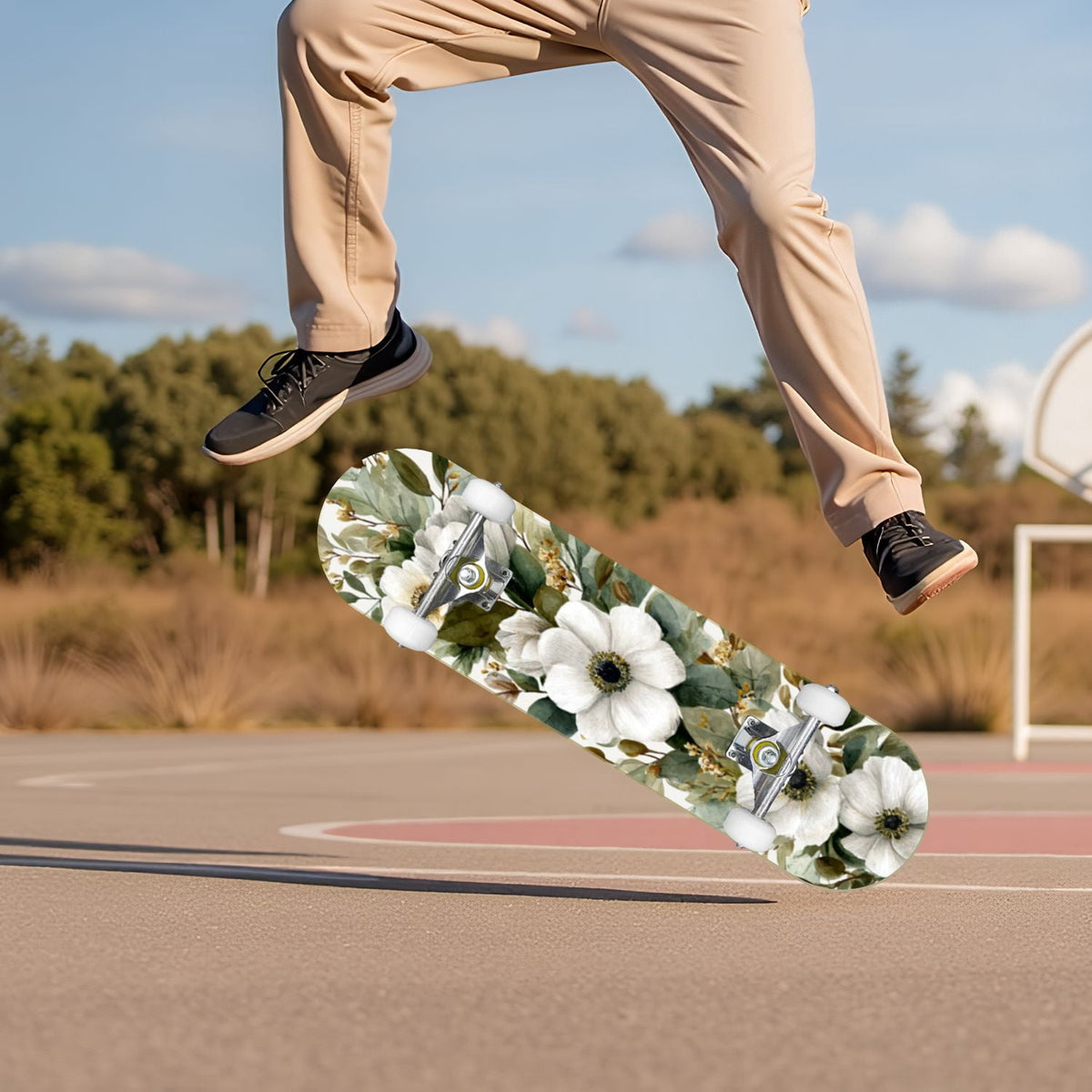 Vintage Damask Light Blue Brown Tones 31" x 8" Complete Skateboard, 7-Ply Canadian Maple Double Kick Trick Board for Kids and Beginners Adult Gifts